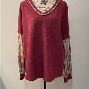 Red V-Neck Sweater with Patterned Sleeves